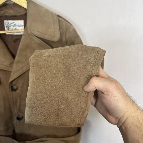 1970s Victoria Leather Suede Belted Safari Jacket Plaid Lined Canada
